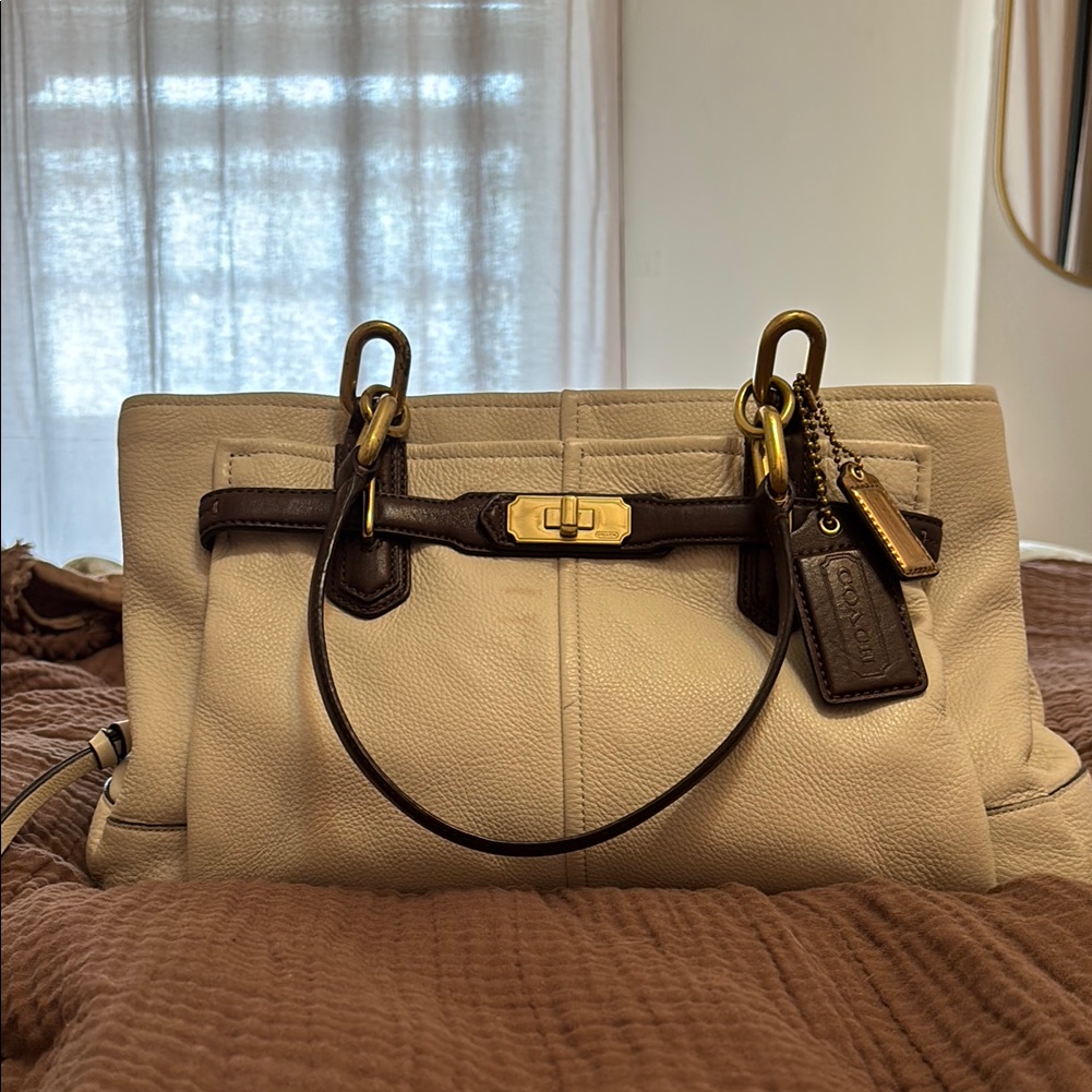Coach Cream And Brown Leather Satchel With Lavender Interior